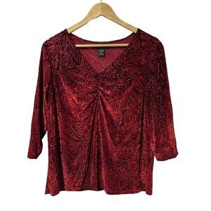 Lane Bryant Velvet Burnout Top Size XL Red 3/4 Sleeve Semi Sheer Whimsigoth